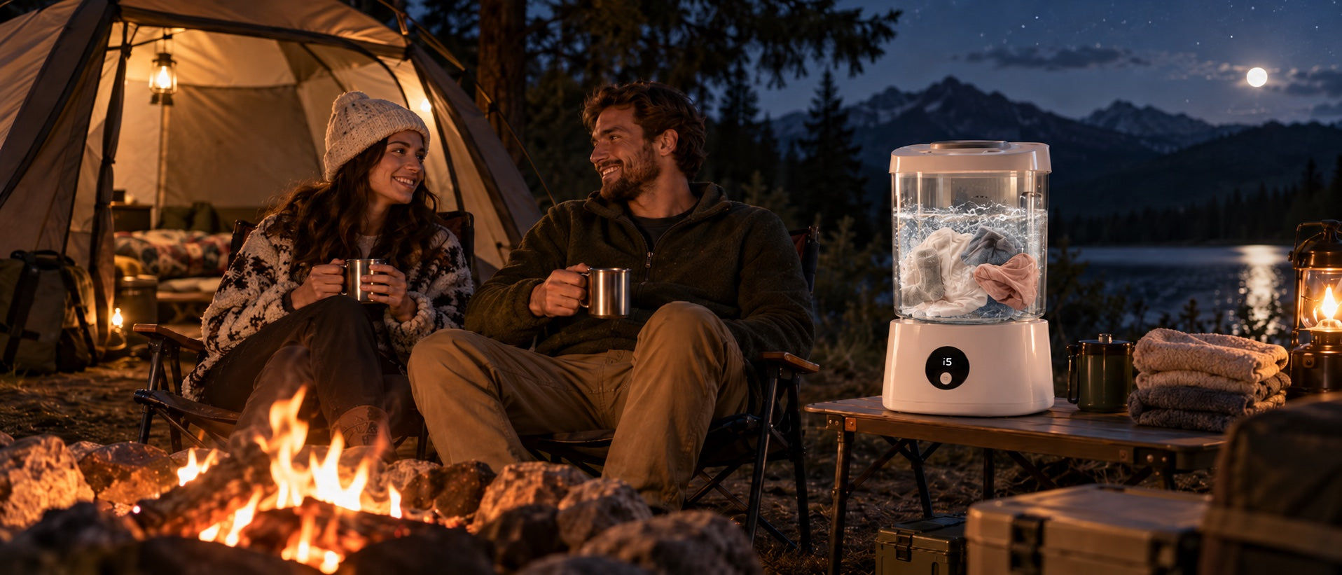 Mini-Waschmaschine beim Camping am See